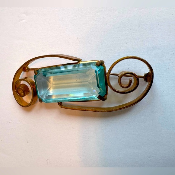 3”x2” Brooch With Blue Emerald Cut Vintage Midcentury Modern faux Aquamarine - Picture 13 of 16